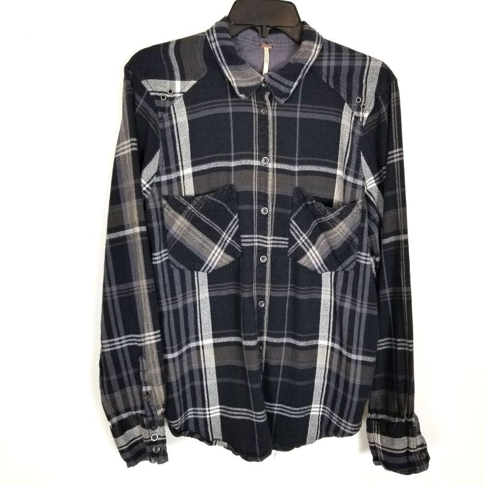 Free People Wesley Plaid Shirt Sz M Button Down Long Sleeve‎ Gray Casual